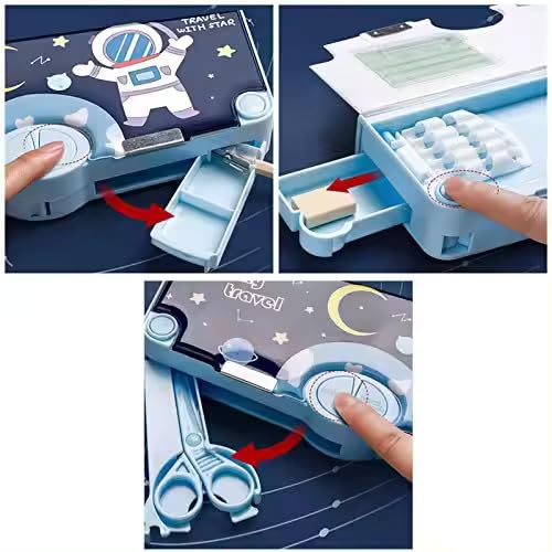 STOFFIER GARTEN Kawaii Cute Cartoon Astronaut Theme Multifunction Pencil Case with Scissors, Ruler, Pencil, Eraser, and Sharpener, Stationery Bag for Boys and Girls (Multicolor) - Image 3