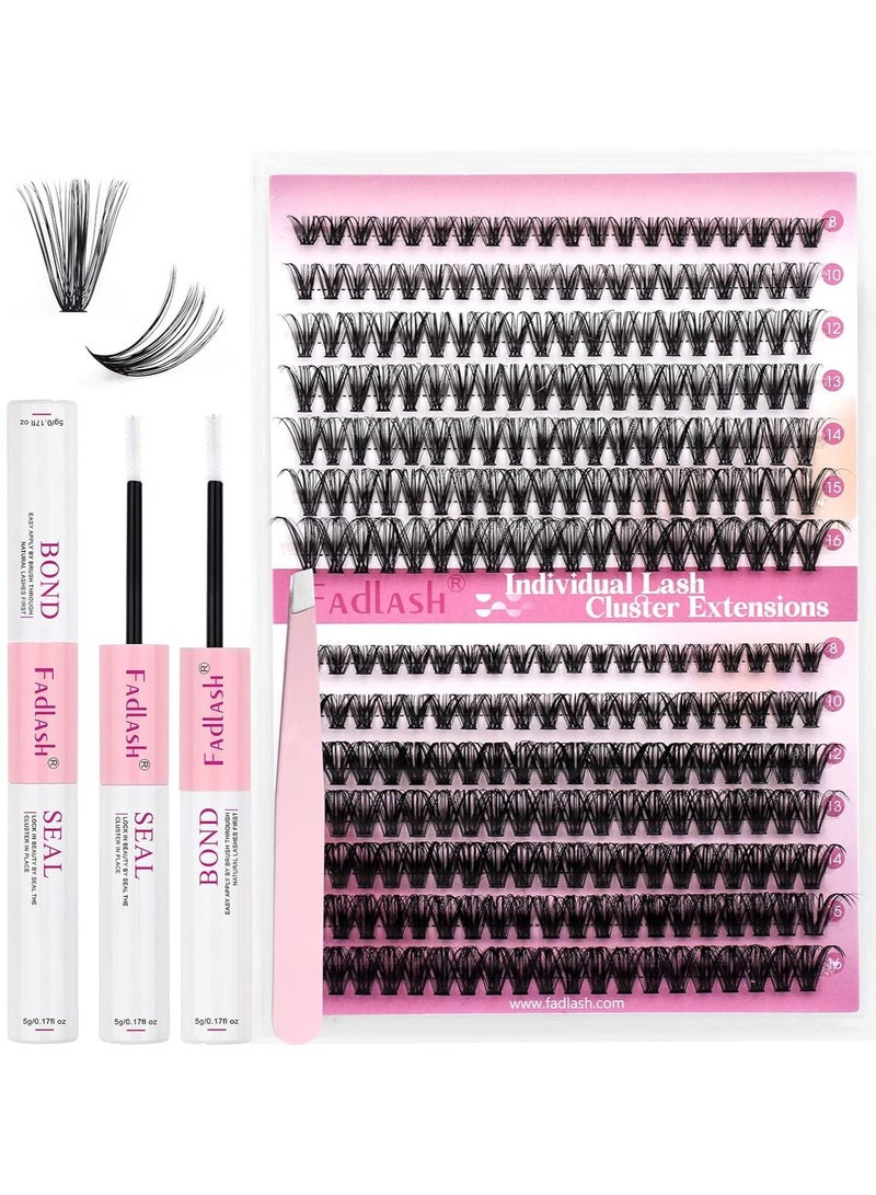 FADLASH DIY Eyelash Extension Kit, 240Pcs Lash Clusters with Bond and Seal, Applicator Tool, D Curl Thin Band Kit Easy to Apply (30D+40D Kit), Black, Pack Of 1, 10 g - Image 1