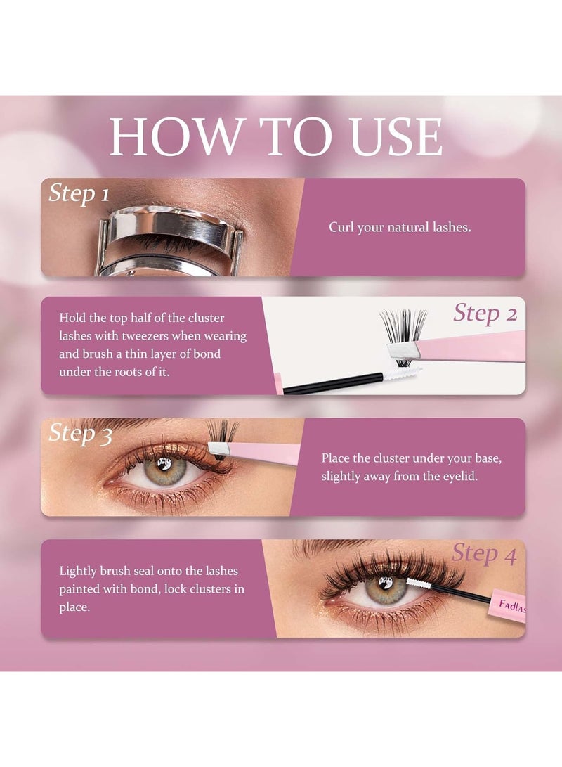 FADLASH DIY Eyelash Extension Kit, 240Pcs Lash Clusters with Bond and Seal, Applicator Tool, D Curl Thin Band Kit Easy to Apply (30D+40D Kit), Black, Pack Of 1, 10 g - Image 5