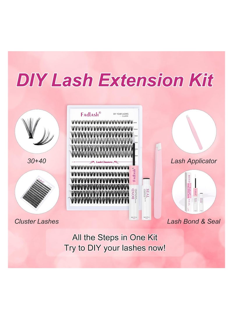 FADLASH - FADLASH DIY Eyelash Extension Kit, 240Pcs Lash Clusters with Bond and Seal, Applicator Tool, D Curl Thin Band Kit Easy to Apply (30D+40D Kit), Black, Pack Of 1, 30 g - Image 1