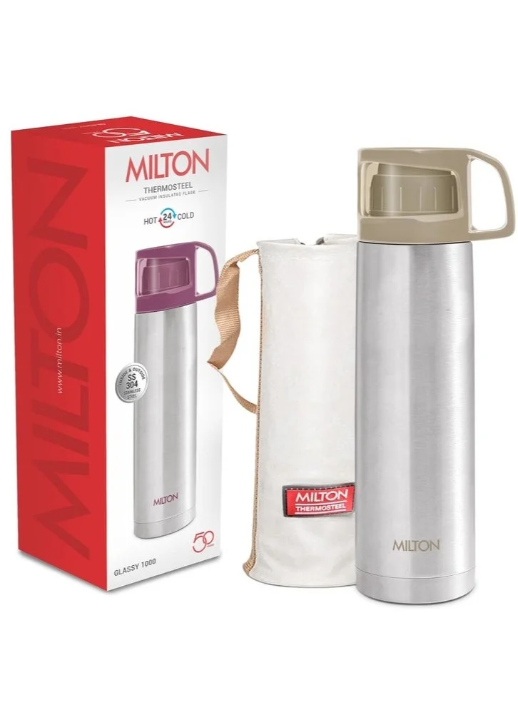 Milton MILTON 1000ml Thermosteel Flask with Jacket, Keeps Drinks Hot and Cold for 24 Hours, 18/8 Stainless Steel, Double-Walled Vacuum Insulated Water Bottle with Inner Copper Coating - Glassy - Grey