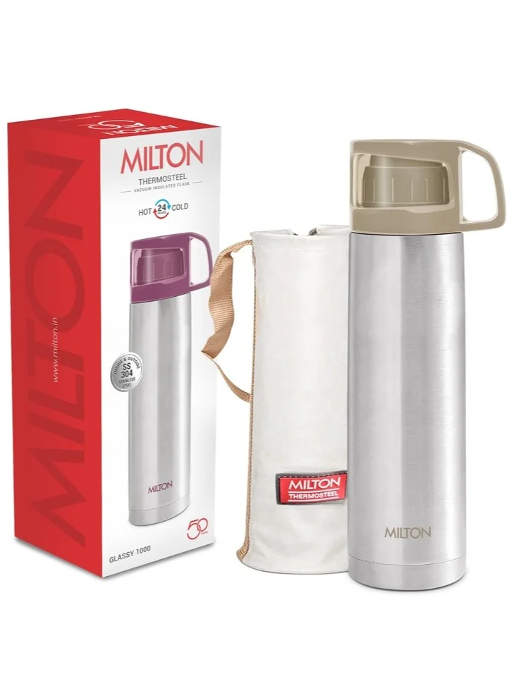Milton Milton Glassy 1000 Thermosteel 24 Hours Hot and Cold Water Bottle with Drinking Cup Lid, 1 Litre, Grey | Leak Proof | Office Bottle | Gym Bottle | Home | Kitchen | Hiking | Trekking | Travel Bottle Grey