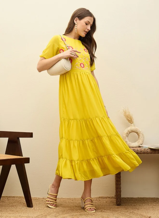 ساسافراس Yellow Georgette Tiered Maxi Dress for Women