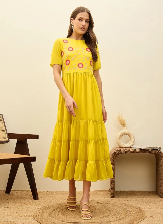 ساسافراس Yellow Georgette Tiered Maxi Dress for Women