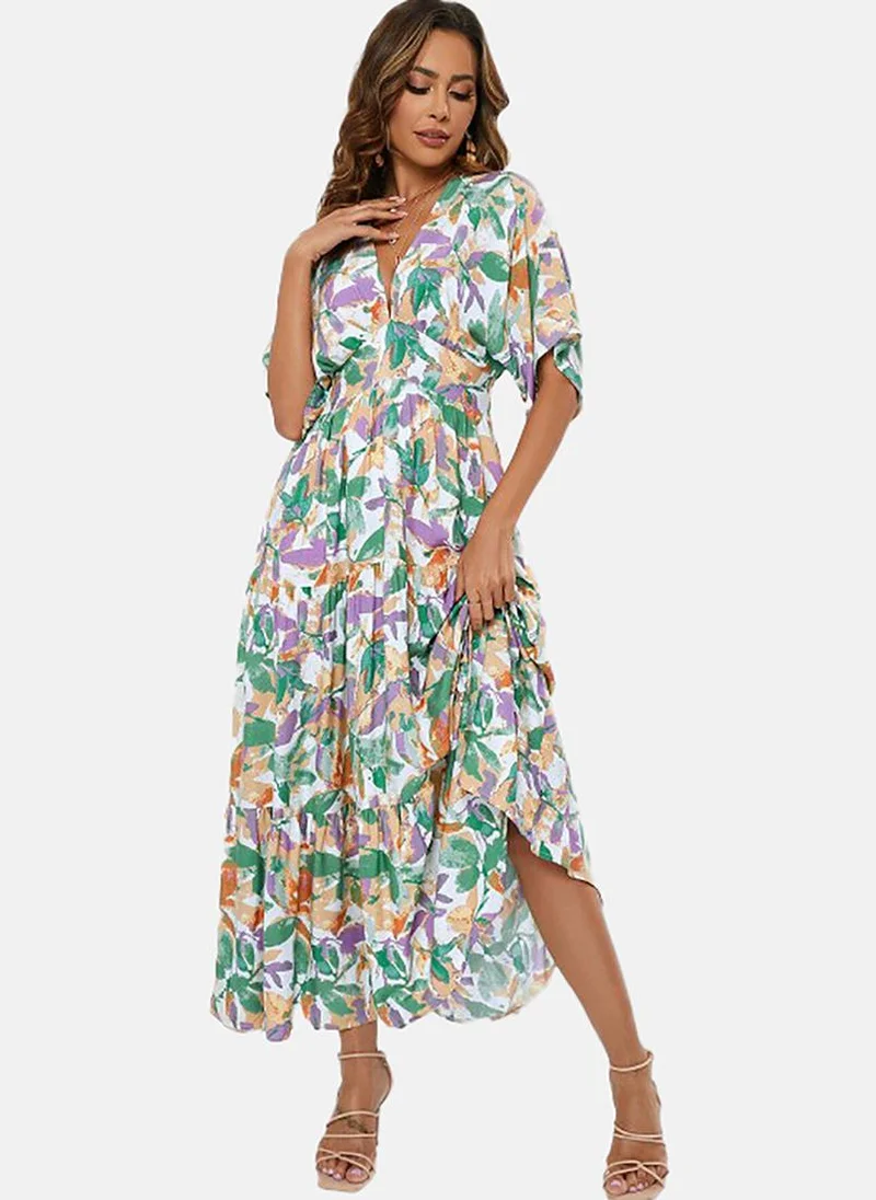 YUNIQEE White Floral Print Flared Sleeve Cotton Maxi Dress
