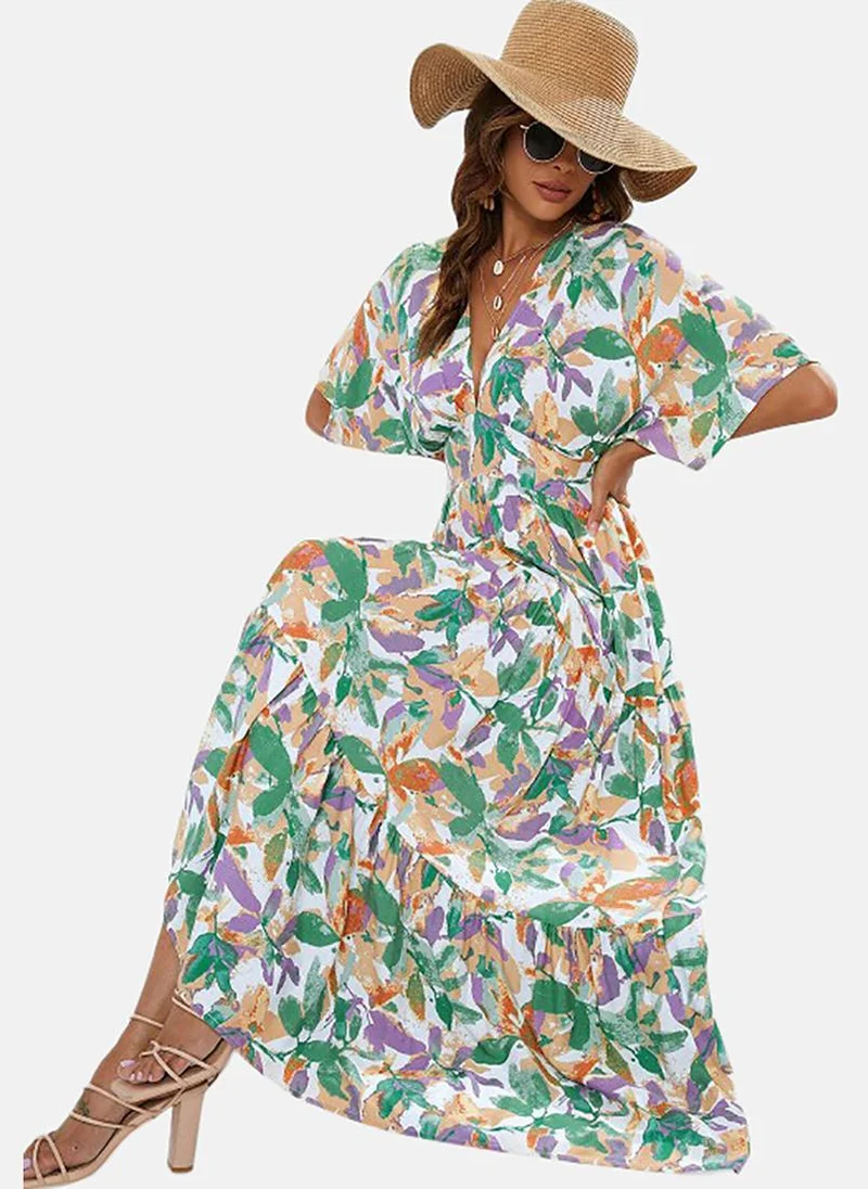 YUNIQEE White Floral Print Flared Sleeve Cotton Maxi Dress