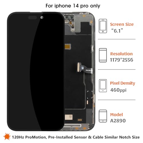 Olivechard Soft OLED 14 Pro LCD [120Hz Promotion+Sensor Cable] Screen Replacement for iPhone 14 Pro 6.1 inch 3D Touch LCD Display Touch Digitizer Assembly A2890 A2650 A2889 A2892 with Repair Tools - Image 2