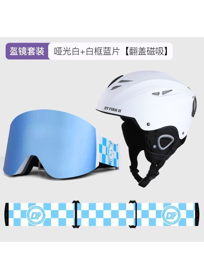 Ski Helmet for Men Women with Magnetic Flip Visor - Matte White, White Frame Blue Film, Large Field of View