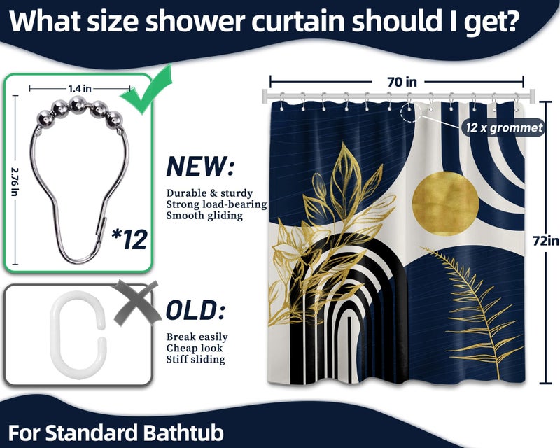 QGHOT Mid Century Modern Navy Blue Shower Curtain Boho Dark Blue and Gold Leaves Shower Curtains for Mens Bathroom Decor Sets, Waterproof Cloth Fabric with Hooks, 70x72in - Image 4