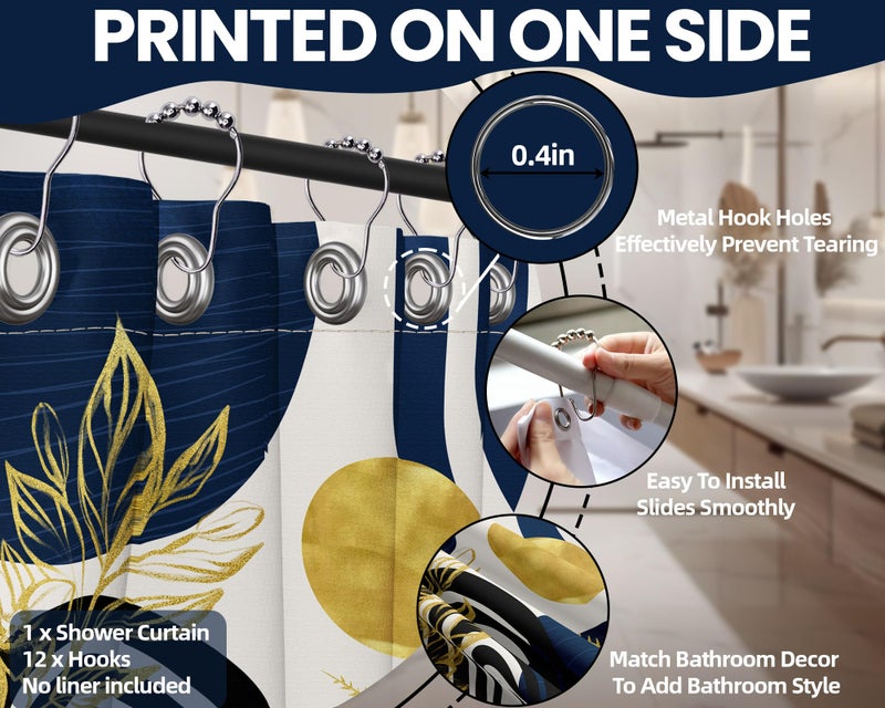 QGHOT Mid Century Modern Navy Blue Shower Curtain Boho Dark Blue and Gold Leaves Shower Curtains for Mens Bathroom Decor Sets, Waterproof Cloth Fabric with Hooks, 70x72in - Image 5