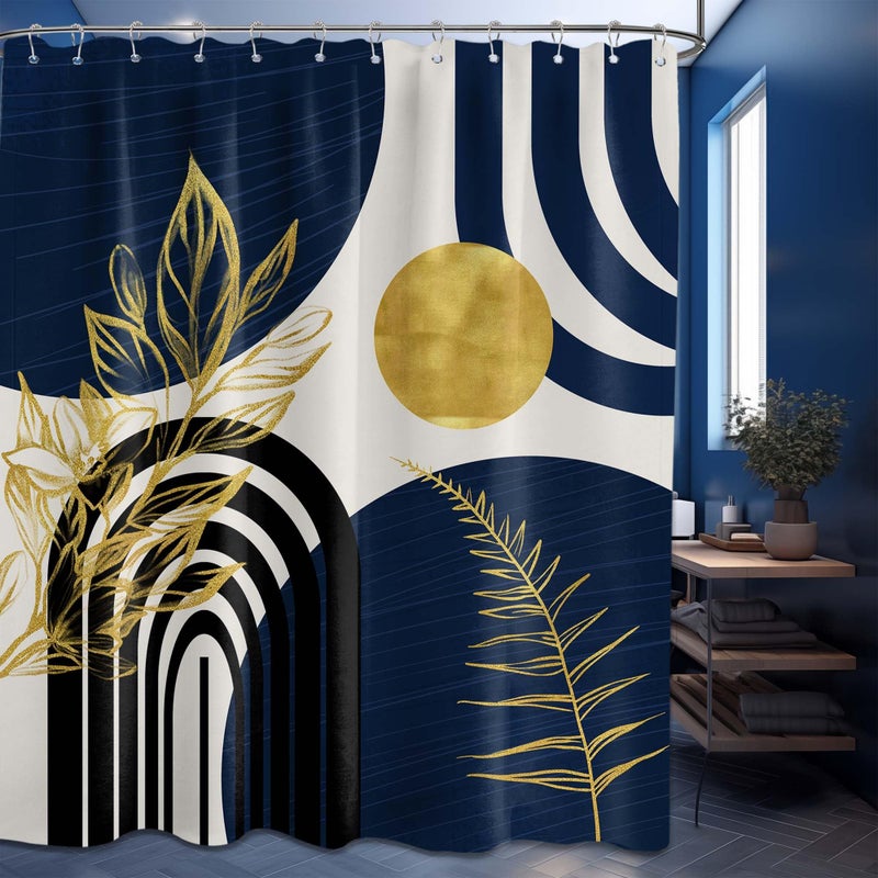 QGHOT Mid Century Modern Navy Blue Shower Curtain Boho Dark Blue and Gold Leaves Shower Curtains for Mens Bathroom Decor Sets, Waterproof Cloth Fabric with Hooks, 70x72in - Image 1