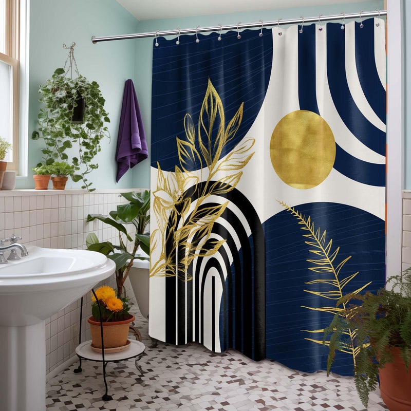 QGHOT Mid Century Modern Navy Blue Shower Curtain Boho Dark Blue and Gold Leaves Shower Curtains for Mens Bathroom Decor Sets, Waterproof Cloth Fabric with Hooks, 70x72in - Image 2