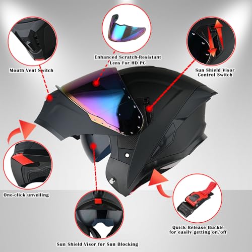 1Storm Motorcycle Modular Flip up Dual Visor Helmet Street Bike Sun Shield Full Face KT928: Glossy Black + One Extra Clear Shield - Image 3