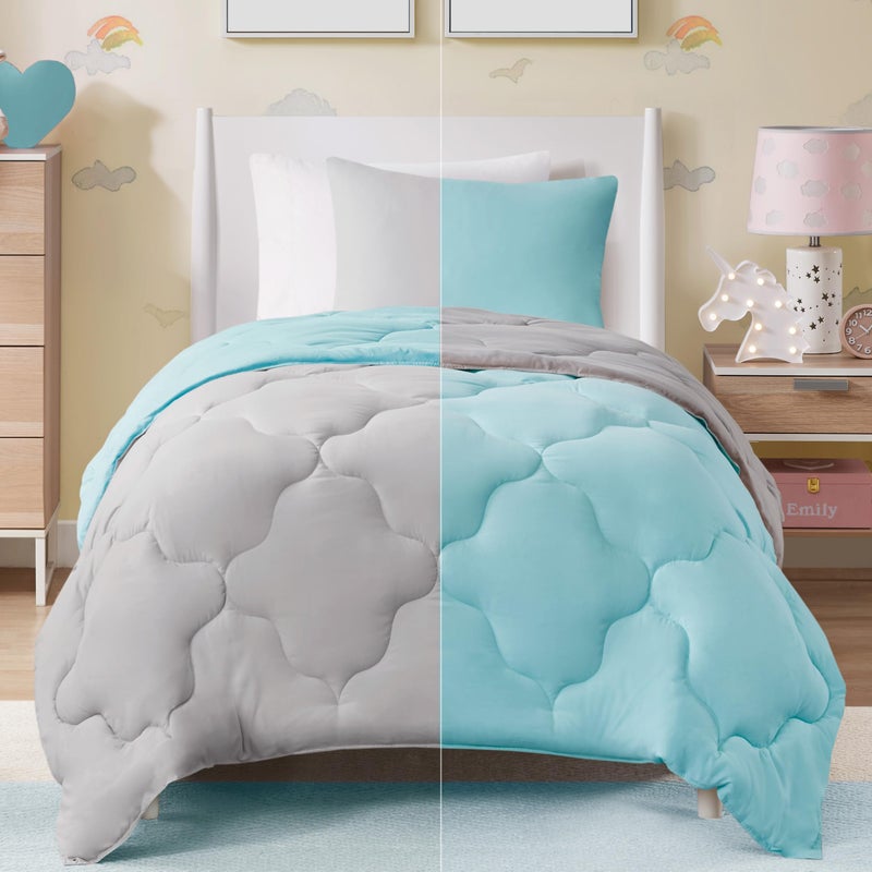 Comfort Spaces Vixie Reversible Comforter Set - Trendy Casual Geometric Quilted Cover, All Season Down Alternative Cozy Bedding, Matching Sham, Aqua/Gray, Twin/Twin XL 2 piece - Image 1