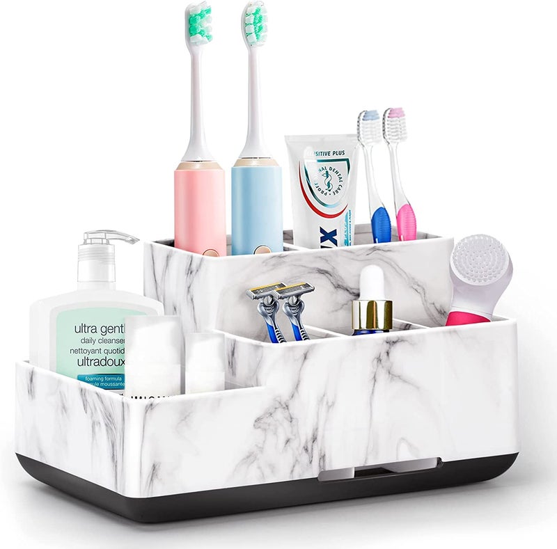 Detachable Toothbrush and Toothpaste Holder for Bathroom Countertop Large Bathroom Organizer Storage AntiSlip for Shower Kitchen Kids Family Multifunction Toothbrush Holders Marble Silver