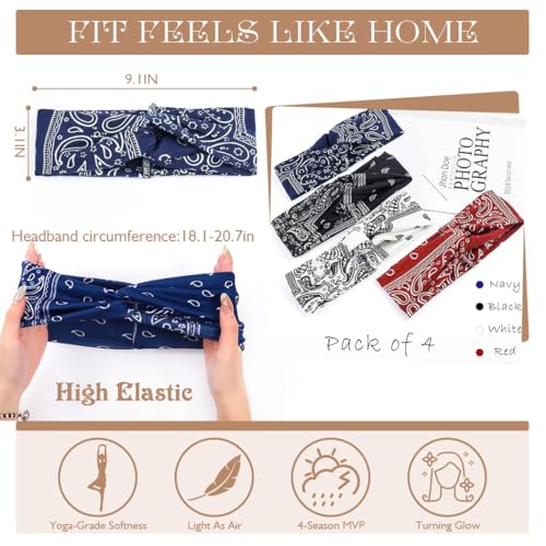 Urieo Boho Bandanas Headband Knotted Hair Bands Paisley Head Turban Sport Yoga for Women(Pack of 4) (A) - Image 3
