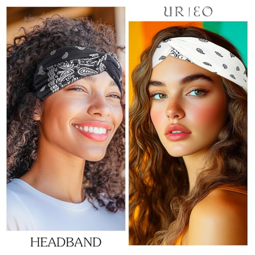 Urieo Boho Bandanas Headband Knotted Hair Bands Paisley Head Turban Sport Yoga for Women(Pack of 4) (A) - Image 2