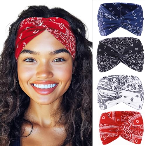 Urieo Boho Bandanas Headband Knotted Hair Bands Paisley Head Turban Sport Yoga for Women(Pack of 4) (A) - Image 1