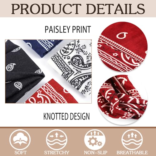Urieo Boho Bandanas Headband Knotted Hair Bands Paisley Head Turban Sport Yoga for Women(Pack of 4) (A) - Image 5