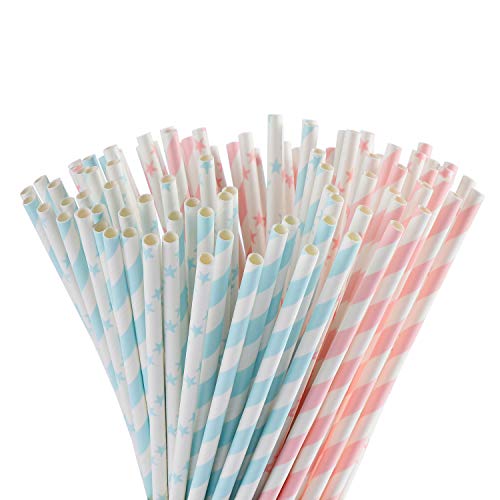 ALINK Light Pink Blue White Paper Straws Bulk 100 Biodegradable Party Straws for Boy Girl Baby Shower Gender Reveal Birthday Wedding and Celebrations - Image 2
