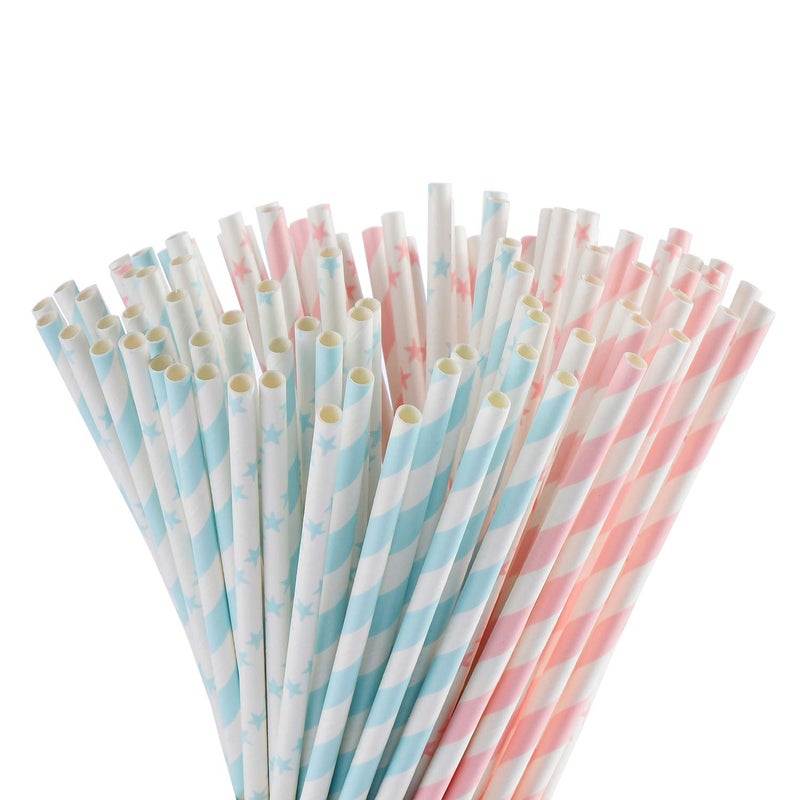 ALINK Light Pink Blue White Paper Straws Bulk 100 Biodegradable Party Straws for Boy Girl Baby Shower Gender Reveal Birthday Wedding and Celebrations - Image 3