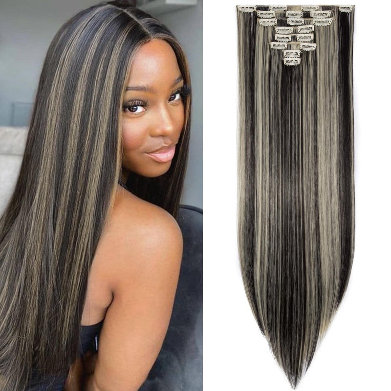 S-noilite Clip in Hair Extension Full Head 8pcs 26" Natural Black Mix Bleach Blonde Highlights Extensions Straight Synthetic Hairpieces for Women (26", Natural Black Mix Bleach Blonde) - Image 1