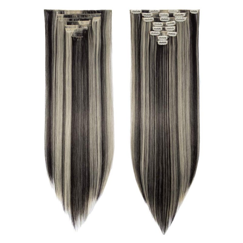 S-noilite Clip in Hair Extension Full Head 8pcs 26" Natural Black Mix Bleach Blonde Highlights Extensions Straight Synthetic Hairpieces for Women (26", Natural Black Mix Bleach Blonde) - Image 2