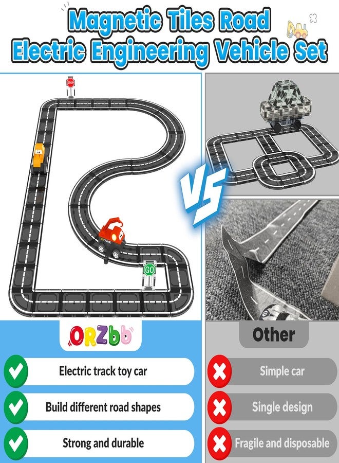 ORZbb Magnetic Tiles Roads Engineering Vehicle Set, Magnetic Blocks Road Truck Car Toys for 3 4 5 6 Year Old Boys Girls, Cars Games Classroom Montessori Toys for Kids, Educational STEM Toy Birthday Gifts - Image 2