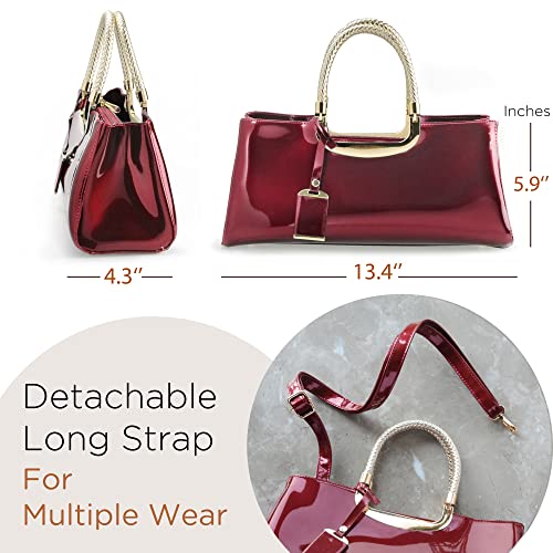 Hoxis Glossy Faux Patent Leather Structured Shoulder Handbag Women Evening Party Satchel (Red) Medium - Image 3