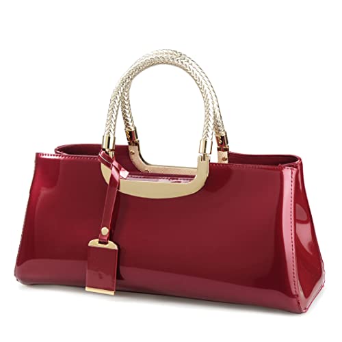Hoxis Glossy Faux Patent Leather Structured Shoulder Handbag Women Evening Party Satchel (Red) Medium - Image 1