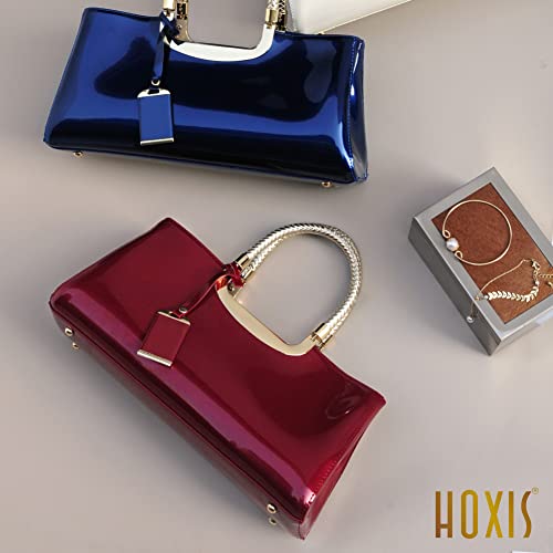 Hoxis Glossy Faux Patent Leather Structured Shoulder Handbag Women Evening Party Satchel (Red) Medium - Image 5