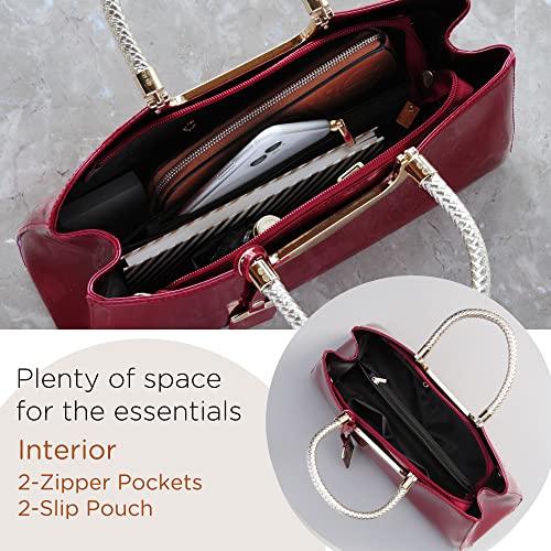 Hoxis Glossy Faux Patent Leather Structured Shoulder Handbag Women Evening Party Satchel (Red) Medium - Image 4
