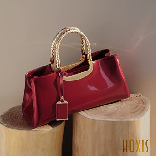 Hoxis Glossy Faux Patent Leather Structured Shoulder Handbag Women Evening Party Satchel (Red) Medium - Image 2