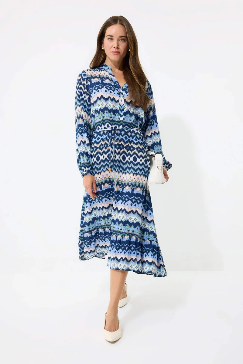 ديفاكتو Regular Fit Patterned Crew Neck Long Sleeve Midi Dress