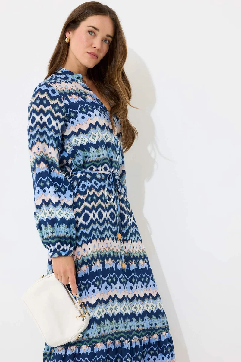 ديفاكتو Regular Fit Patterned Crew Neck Long Sleeve Midi Dress