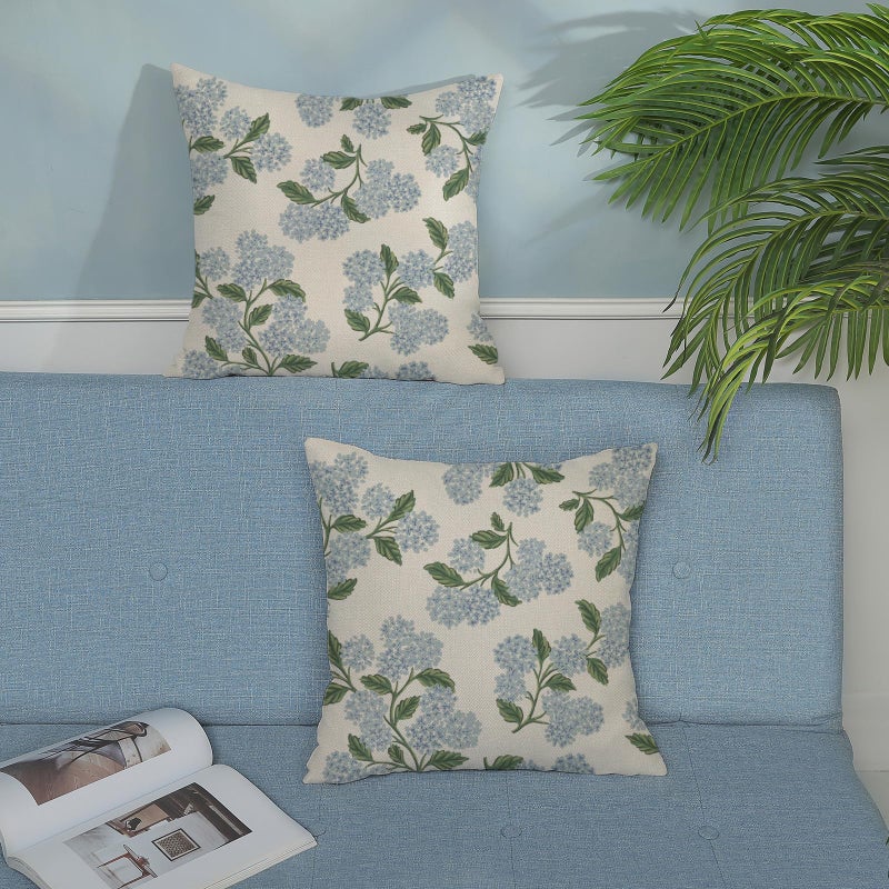 DAFENA Spring Pillow Covers 16x16 Inch 2 Pcs Navy Blue Sage Green Hydrangea Flower Decor Throw Pillows Vintage Floral Seasonal Summer Outdoor Decoration Pillowcase Linen Cushion Cover for Couch Sofa - Image 3