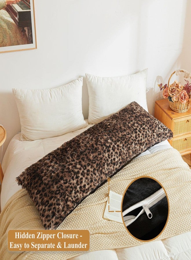 XeGe Fluffy Faux Fur Leopard Print Body Pillow Cover, 20x54 Fuzzy Cheetah Print Body Pillowcase with Zipper, Plush Furry Long Bed Bolster Pillow Cover for Pregnant Women Side Sleeper, Brown and Black - Image 3