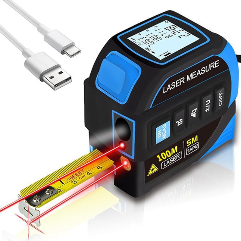 4-in-1 Digital Laser Tape Measure 100m Laser Distance Meter 5m Tape Dual-Axis Electronic Level Crosshair Markings Rechargeable Backlit LCD Display - Image 1