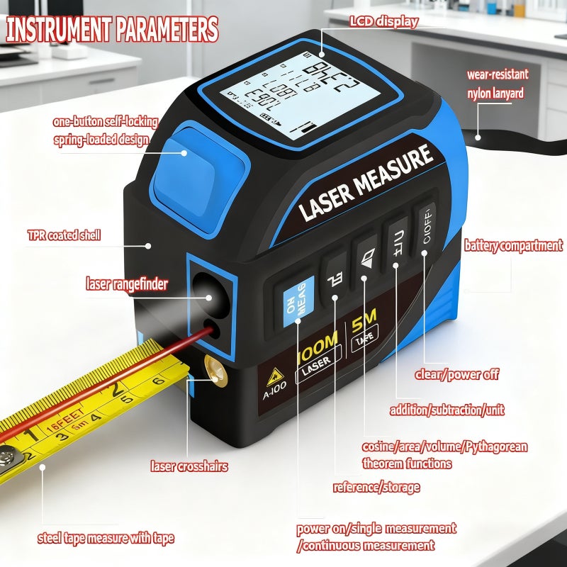 4-in-1 Digital Laser Tape Measure 100m Laser Distance Meter 5m Tape Dual-Axis Electronic Level Crosshair Markings Rechargeable Backlit LCD Display - Image 5