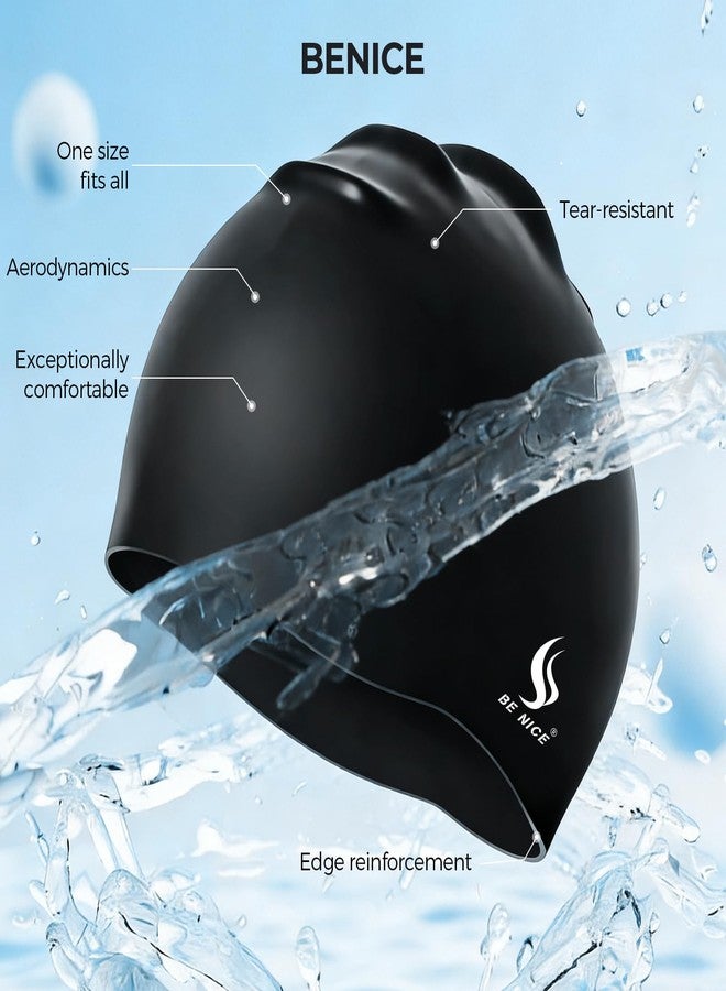 BENICE Swim Cap Set for Women Men Durable Silicone Swimming Cap for Adult with Nose Clip and Earplugs Black Waterproof Pool Cap for Short and Long Hair - Image 3