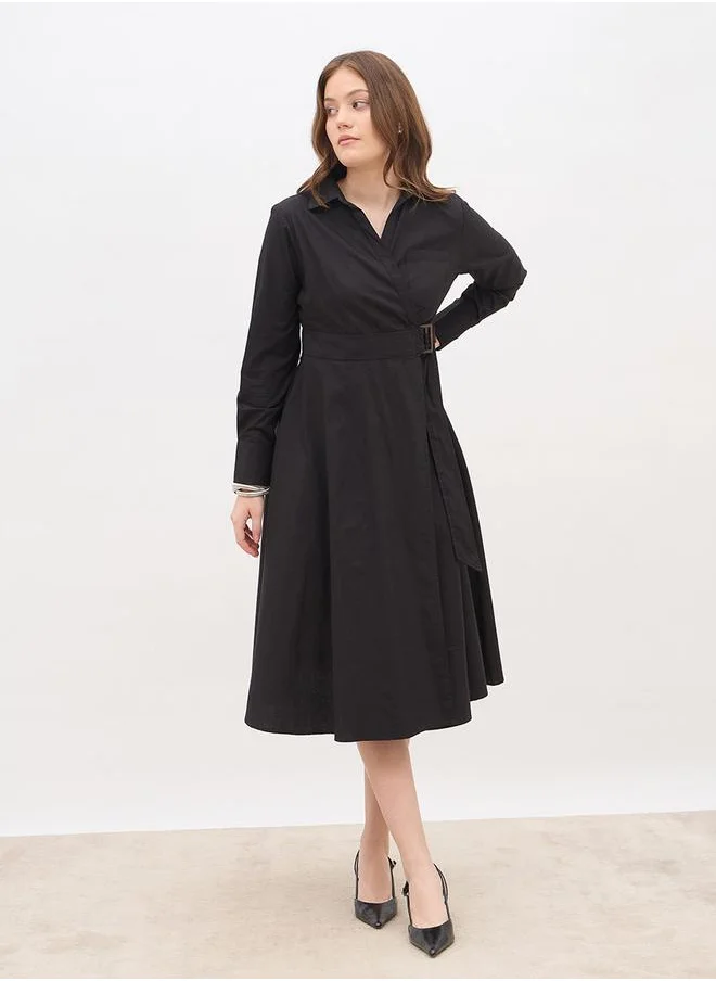 ستايلي Styli Solid Collared Wrap Midi Dress