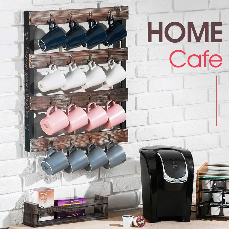 J JACKCUBE DESIGN Coffee Mug Holder Wall Mounted Rustic Wood Cup Organizer with 16-Hooks Hanging Rack for Home, Kitchen Display Storage and Collection : MK519A - Image 4