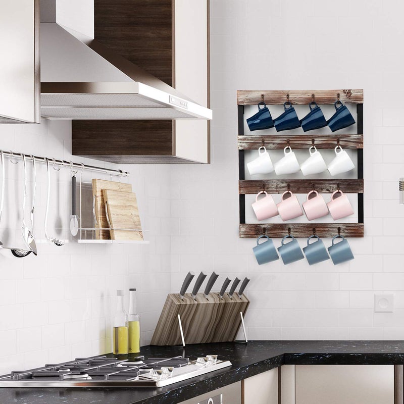 J JACKCUBE DESIGN Coffee Mug Holder Wall Mounted Rustic Wood Cup Organizer with 16-Hooks Hanging Rack for Home, Kitchen Display Storage and Collection : MK519A - Image 3
