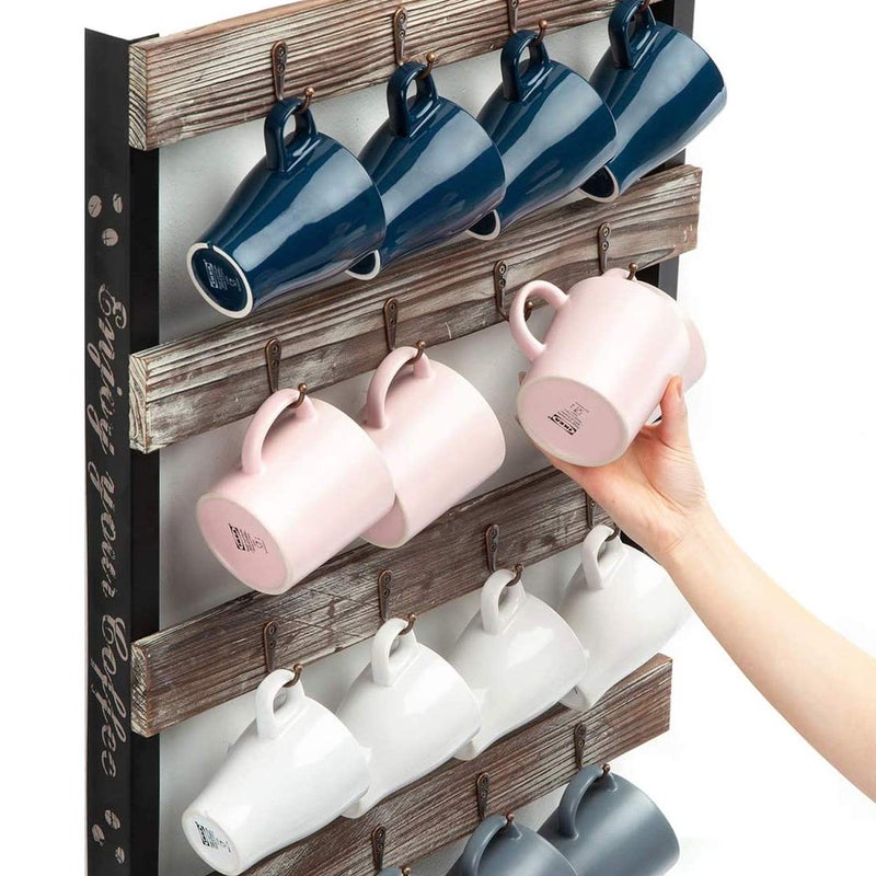 J JACKCUBE DESIGN Coffee Mug Holder Wall Mounted Rustic Wood Cup Organizer with 16-Hooks Hanging Rack for Home, Kitchen Display Storage and Collection : MK519A - Image 2