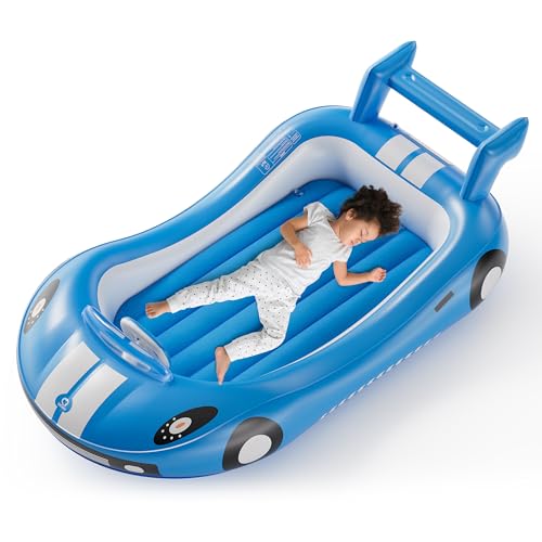 QPAU Blow up Inflatable Toddler Travel Bed with Sides, Toddler Air Mattress for Camping, Traveling, Hotel, or Home Use, Hand Pump Included (Blue) - Image 1