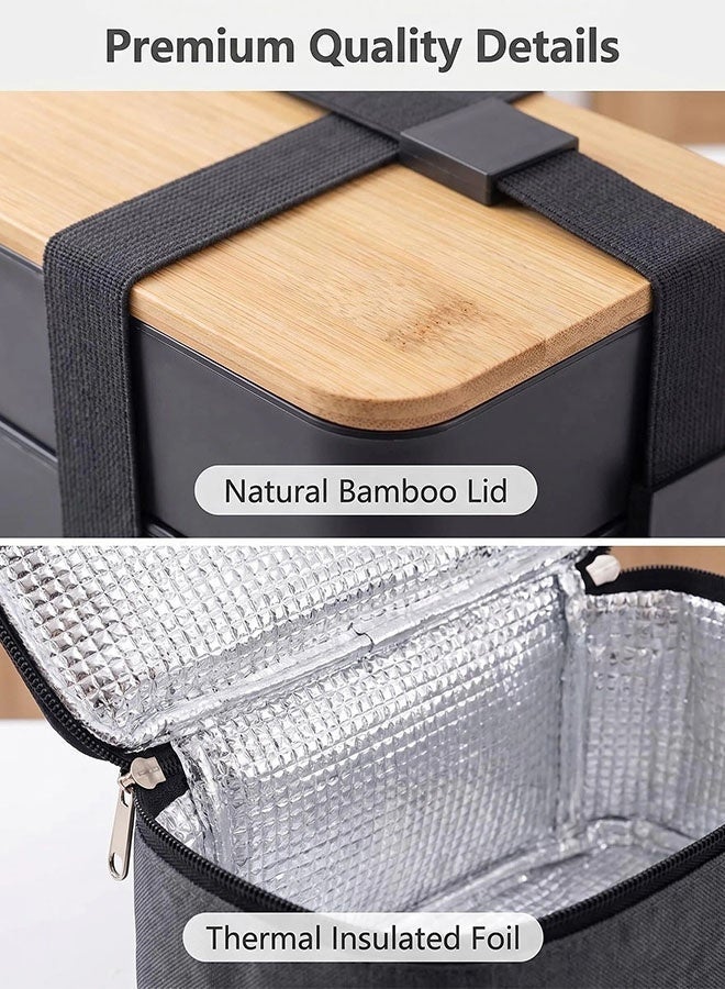 MLADEN Lunch Box, Wooden Grain Microwave Safe Large Capacity Bento Box – Back to School Must-Have, Portable Double-Layer Lunch Container with Insulated Bag & Cutlery (Knife, Fork, Spoon) for Students, Office, Travel - Image 4