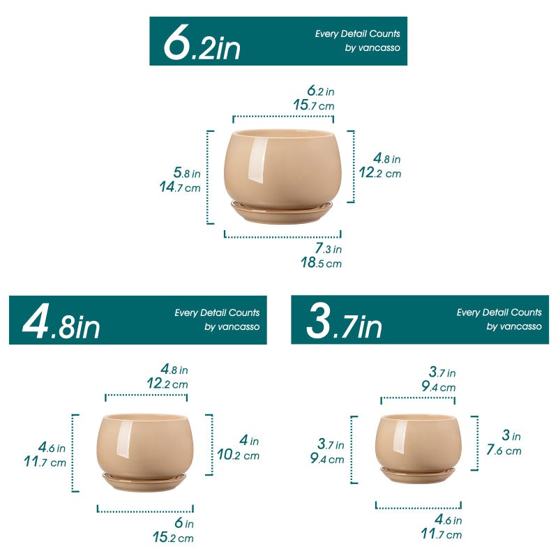 vancasso 3-Pack Ceramic Plant Pots, 3.7/4.8/6.2 Inch Indoor Planters with Saucers & Drainage Hole Planter pots for Indoor Plants and Flower, Brown - Image 2