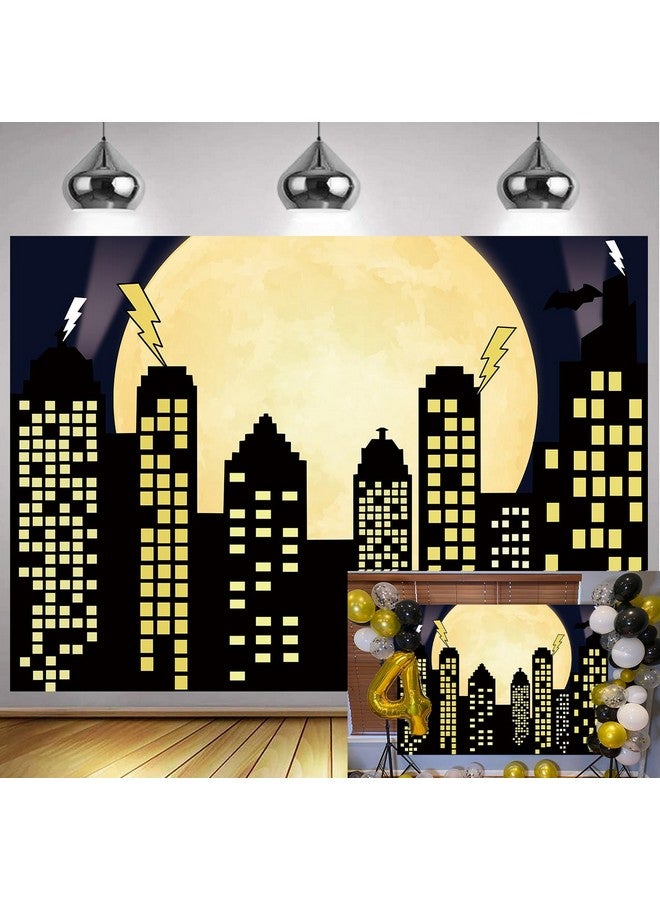 RUYI Superhero Super City Photography Backdrop 7X5Ft Yellow Full Moon Skyline Cityscape Photo Background Newborn Baby Shower Kids Birthday Party Cake Table Decoration Banner Props - Image 1