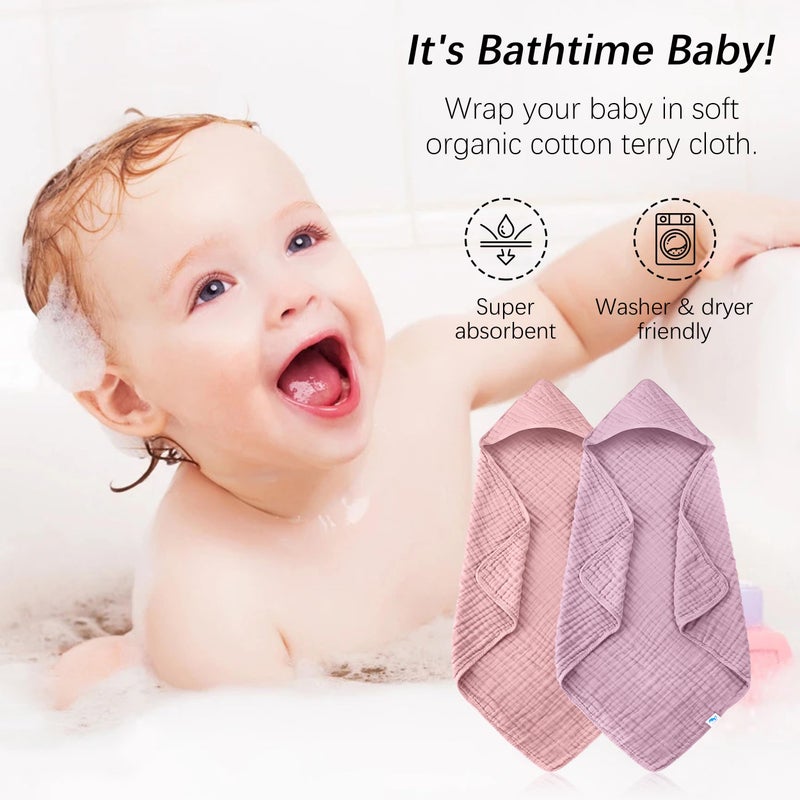 SWEET DOLPHIN Muslin Hooded Baby Bath Towels - 2 Pack 100% Cotton Towel for Babies, Infants, Toddlers - 32x32Inch - Highly Absorbent and Newborn Essential, Light Sakura - Image 3