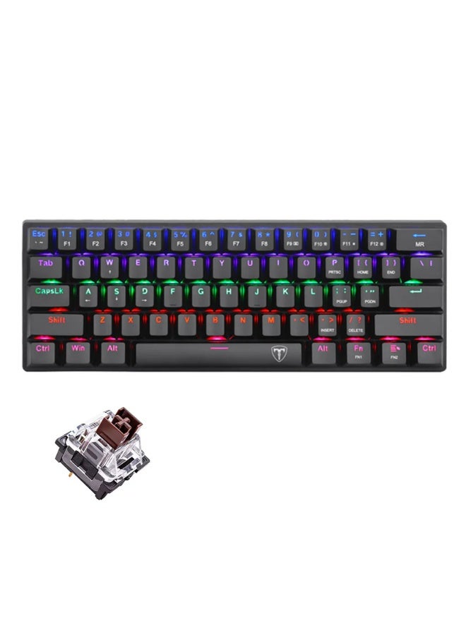 تي-داجر لوحة مفاتيح الألعاب الميكانيكية Arena TGK321، 60%، 61 مفتاحًا بمفاتيح بنية وإضاءة خلفية RGB بألوان قوس قزح، لوحة مفاتيح سلكية صغيرة الحجم بمنفذ USB من النوع C، أغطية مفاتيح مزدوجة الطبقة، تصميم مفاتيح عائمة، متانة تصل إلى 50 مليون ضغطة، لون أسود - Image 1